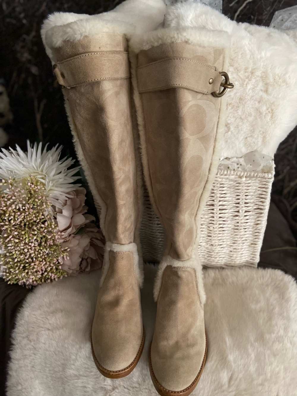 Coach Beige Signature Shearling Wedge Boots with Gold Hardware